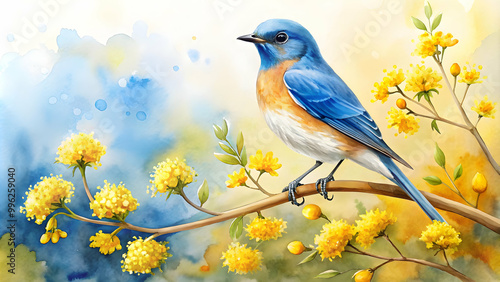 Watercolor painting of an elegant blue bird perched on a branch surrounded by yellow flowers, watercolor, painting