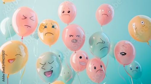 Colorful balloons with assorted facial expressions floating against a gentle blue background, conveying a variety of emotions and moods.
