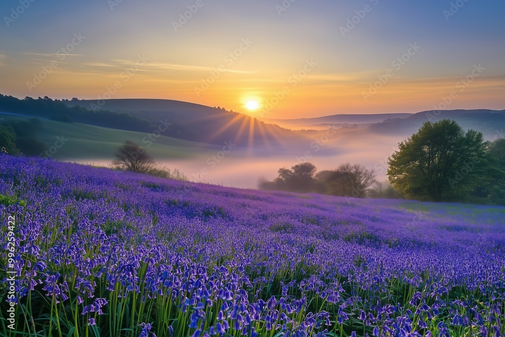 Fototapeta premium A field of blue flowers with a sun in the sky