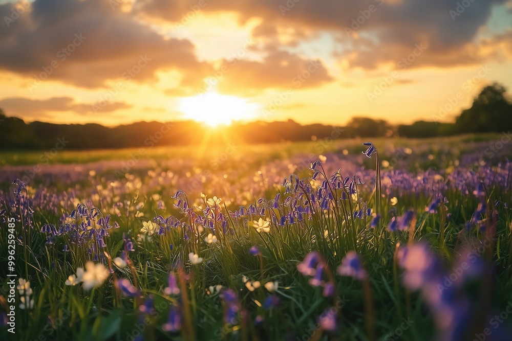 Obraz premium A field of purple flowers with the sun shining on them