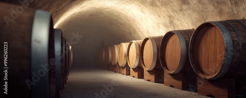 Wine barrels neatly arranged in a dimly lit cellar with stone walls. photo