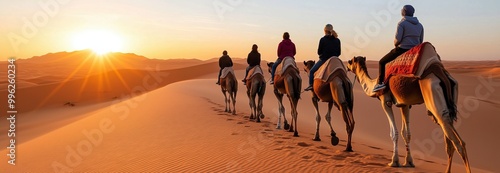 A group of people riding camels across a desert