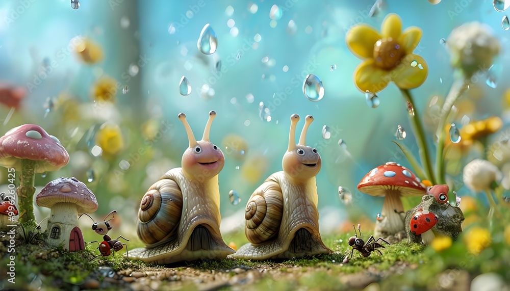 The environment could include flowers with friendly faces, mushrooms with little doors and windows, and raindrops that reflect light in exaggerated ways. Tiny animals, like ants or ladybugs. The environment could include flowers with friendly faces, mushrooms with little doors and windows, and raindrops that reflect light in exaggerated ways. Tiny animals, like ants or ladybugs.
