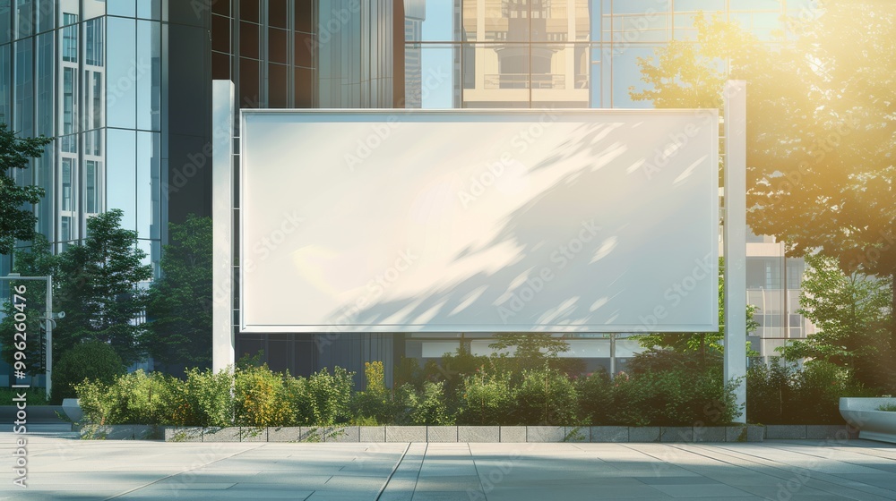 Large blank billboard in a modern urban setting, surrounded by greenery and buildings, blending into the surroundings and waiting for an announcement. Large blank billboard in a modern urban setting, surrounded by greenery and buildings, blending into the surroundings and waiting for an announcement.