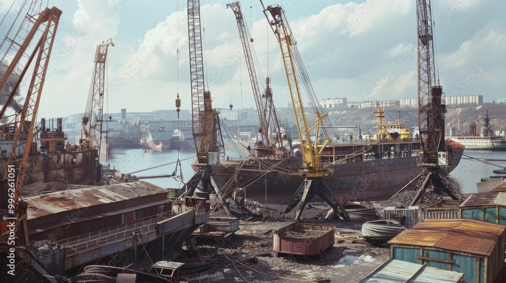 Busy shipyard scene with towering cranes, docked ships, and industrial buildings against a cloudy sky, highlighting maritime industry bustling with activity. Busy shipyard scene with towering cranes, docked ships, and industrial buildings against a cloudy sky, highlighting maritime industry bustling with activity.
