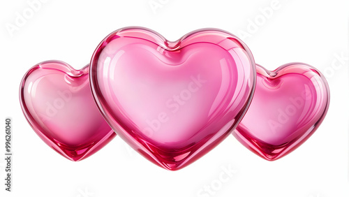 Three translucent pink heart shapes made from liquid, isolated on white background, hearts, abstract, pink, liquid