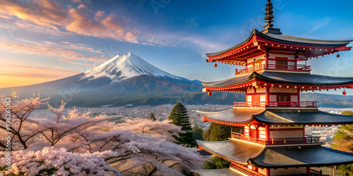 Traditional Japanese pagoda in front of Mount Fuji surrounded by cherry blossoms , Japan, pagoda