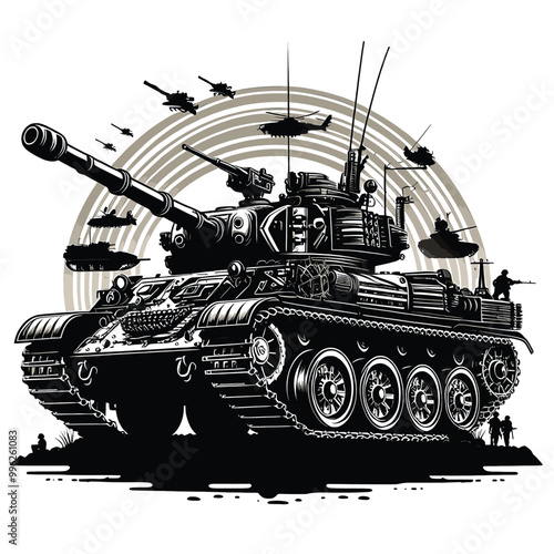 Powerful Military Tank Illustration Black and White Design
