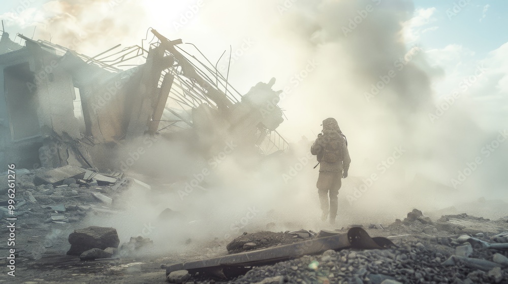 Fototapeta premium Amidst a cloud of dust and debris, a solitary figure walks through the aftermath of destruction, capturing a haunting sense of desolation.