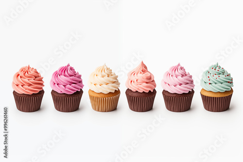 Several cupcakes on white background. Pastry related themes. Bakery professions. Cupcake making. Buying and selling cupcakes. Images for graphic designers. Cookbook. Isolated cupcake.