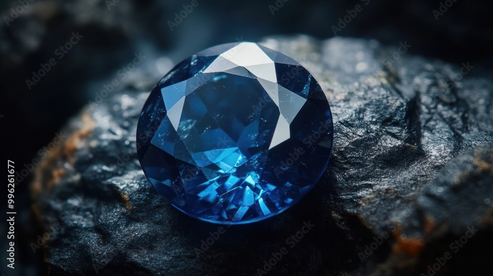 Sapphire gemstone in a close-up shot, revealing its intense blue color and precision cuts. Sapphire gemstone in a close-up shot, revealing its intense blue color and precision cuts.
