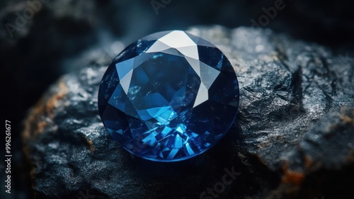 Sapphire gemstone in a close-up shot, revealing its intense blue color and precision cuts.