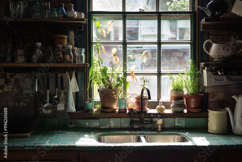 A kitchen with a window and a sink