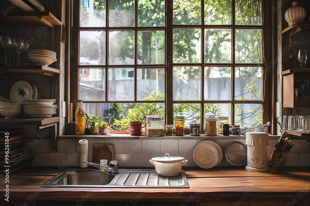 A kitchen with a window and a sink A kitchen with a window and a sink