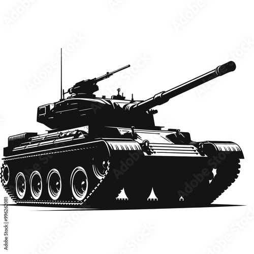 Powerful Military Tank Black and White Vector Illustration