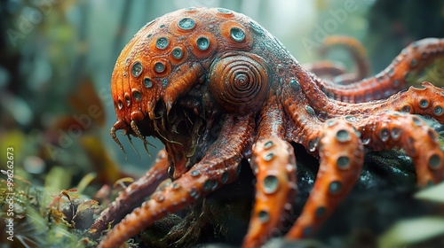 A Creepy, Detailed Digital Painting of a Fantasy Creature with Tentacles and Eyes