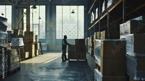 A worker organizing packages in a spacious warehouse with high shelves and sunlight streaming through large windows, reflecting industrious efficiency.