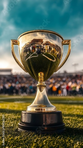 Golden Trophy Cup on Football Field with Reflection of Players and Fans. photo