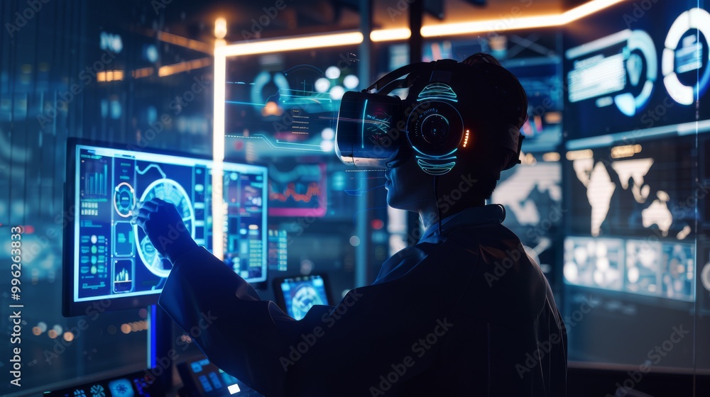 A person wearing VR goggles interacts with multiple futuristic digital interfaces in a dimly-lit, high-tech control room. A person wearing VR goggles interacts with multiple futuristic digital interfaces in a dimly-lit, high-tech control room.
