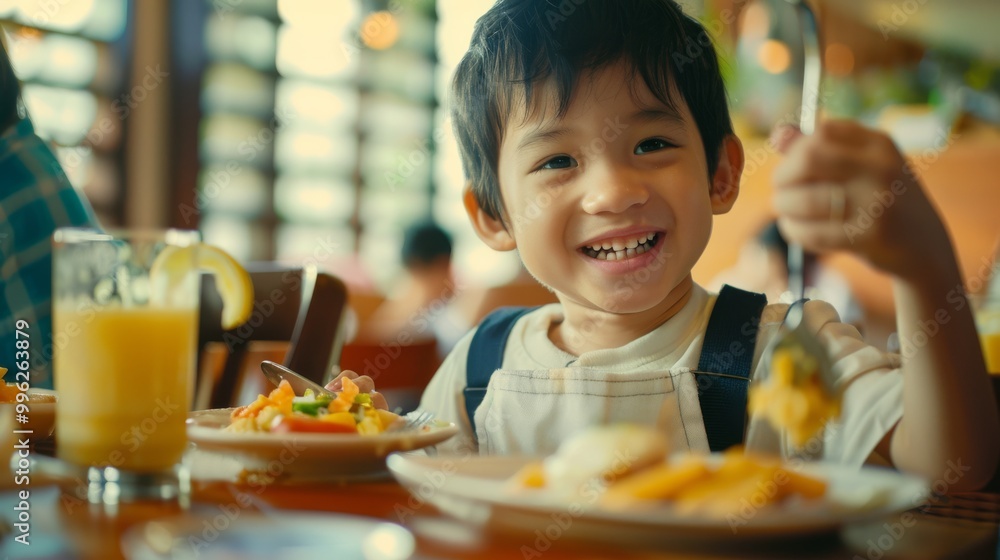 A cheerful child excitedly holds up a forkful of food in a lively family restaurant, surrounded by bright decor and beaming with happiness. A cheerful child excitedly holds up a forkful of food in a lively family restaurant, surrounded by bright decor and beaming with happiness.