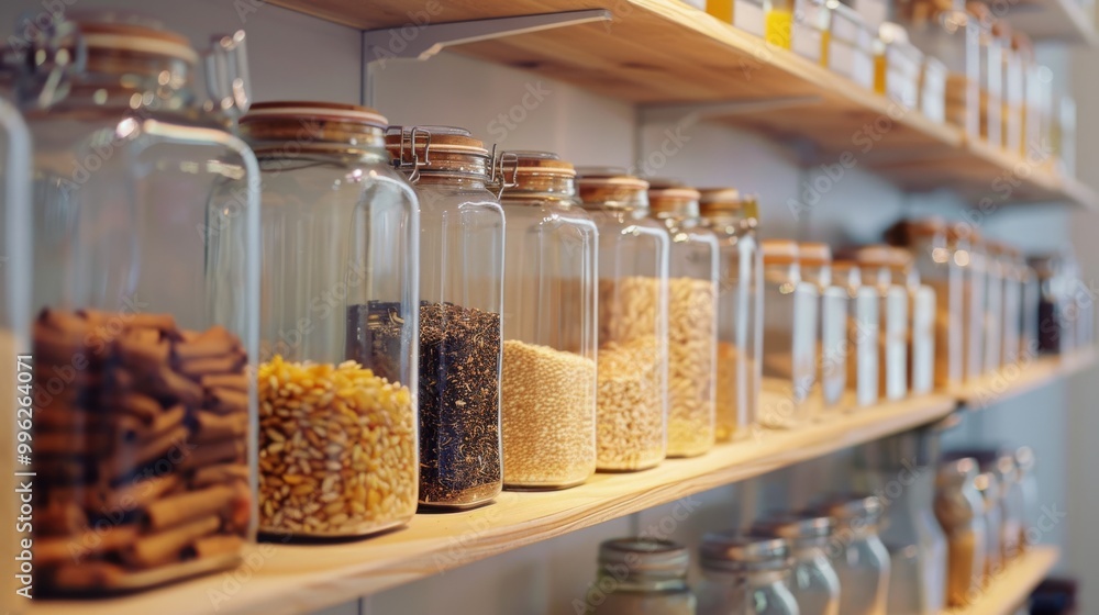 Glass jars filled with various grains and spices neatly line wooden shelves, creating a rustic yet organized kitchen display. Glass jars filled with various grains and spices neatly line wooden shelves, creating a rustic yet organized kitchen display.