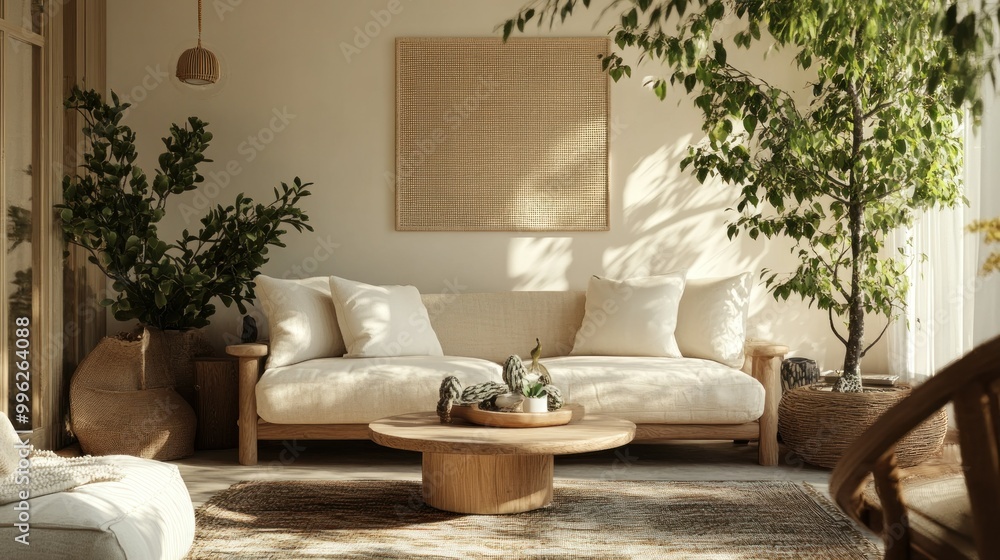 Modern Minimalist Living Room with Natural Elements and Sunlight Modern Minimalist Living Room with Natural Elements and Sunlight