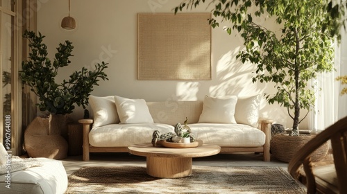Modern Minimalist Living Room with Natural Elements and Sunlight