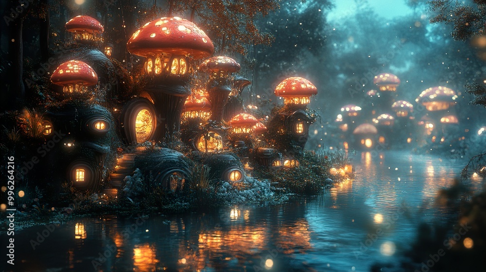 Enchanted Forest with Glowing Mushroom Houses Enchanted Forest with Glowing Mushroom Houses