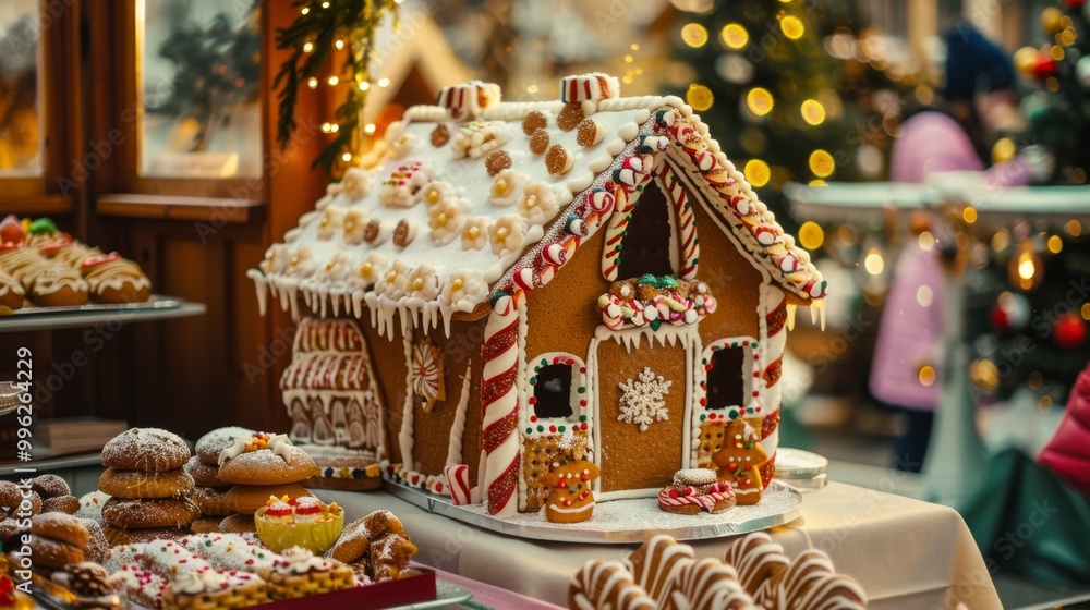 An ornate gingerbread house adorned with candies and icing, surrounded by a delectable assortment of holiday cookies and pastries. An ornate gingerbread house adorned with candies and icing, surrounded by a delectable assortment of holiday cookies and pastries.