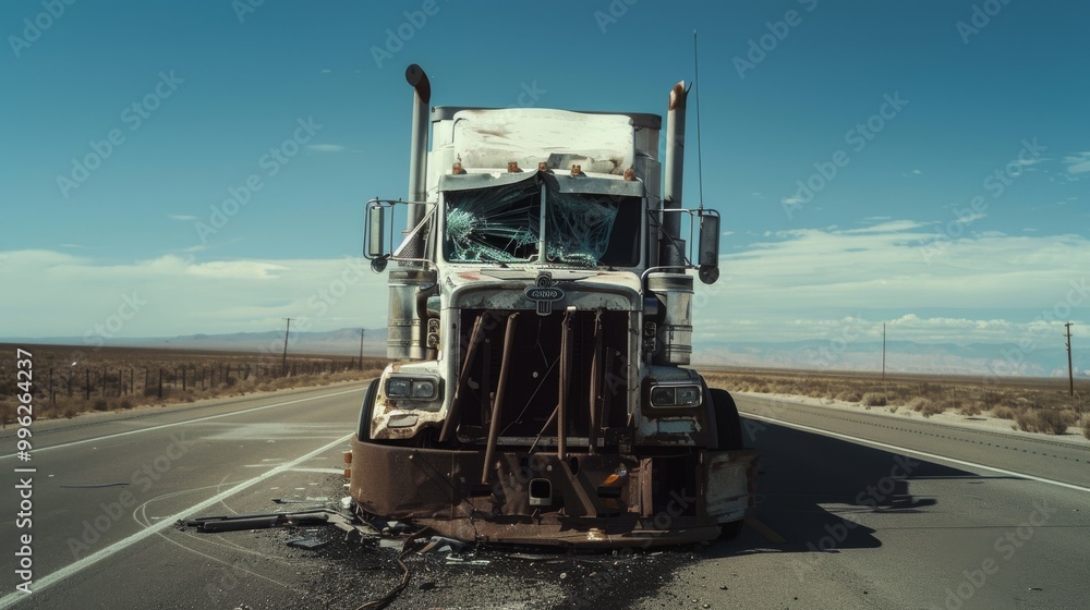 A damaged semi-truck stands in the middle of a deserted road, surrounded by the vast desolation of an arid landscape and clear skies.