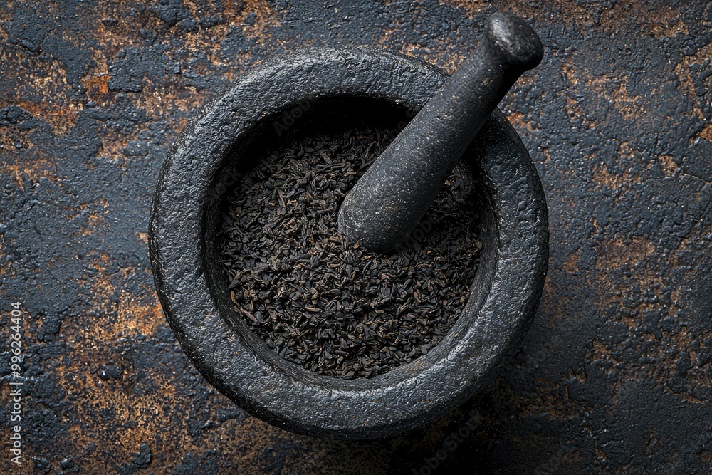Black Tea Leaves in a Stone Mortar and Pestle Black Tea Leaves in a Stone Mortar and Pestle