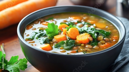 A wholesome bowl of lentil soup with carrots and spinach, garnished with fresh parsley, perfect for a warm, comforting meal.