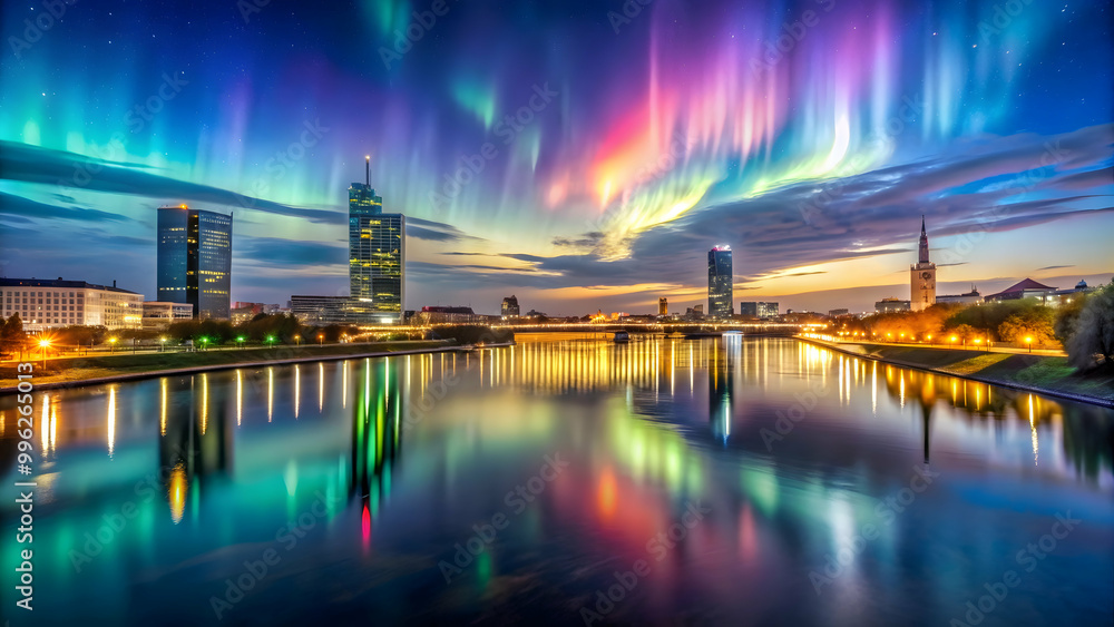Fototapeta premium Northern Lights shining brightly over the Old Danube in Vienna