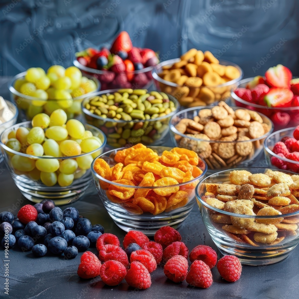 A vibrant assortment of fruits and snacks arranged in bowls, showcasing a colorful variety of healthy options for a balanced diet. A vibrant assortment of fruits and snacks arranged in bowls, showcasing a colorful variety of healthy options for a balanced diet.