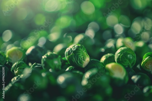 Brussels sprouts dot the image with varying shades of green, bathed in soft, dappled light, creating a natural and earthy culinary appeal. photo