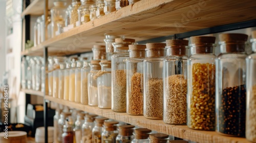 Shelves filled with neatly organized jars of grains and spices create a warm, rustic ambiance in a cozy pantry.