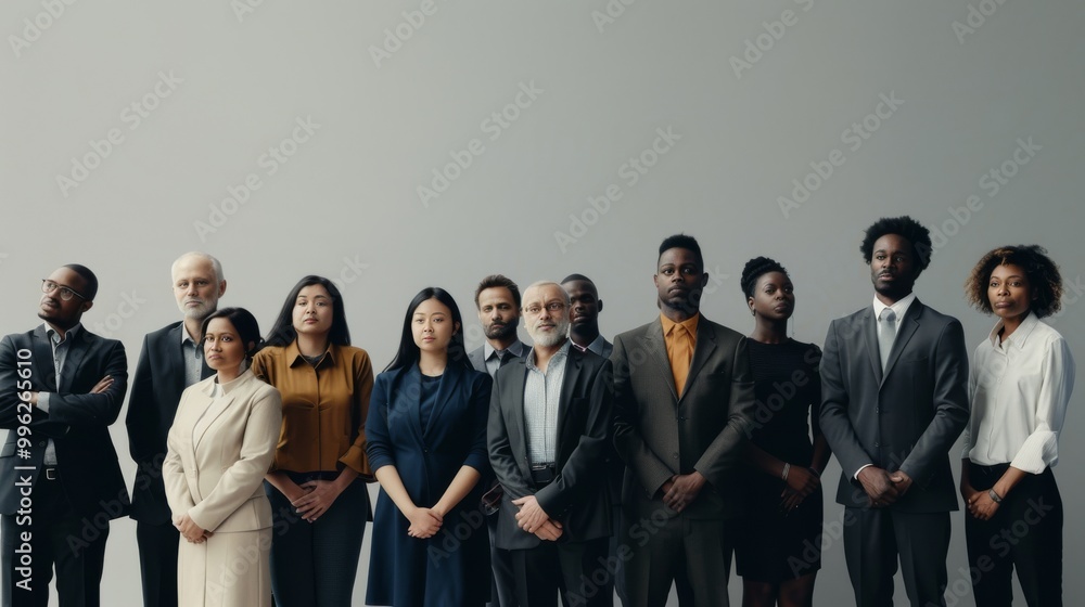 A determined group of business professionals stands together with a strong sense of unity and leadership in a modern office setting. A determined group of business professionals stands together with a strong sense of unity and leadership in a modern office setting.