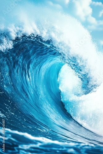 Fototapeta Naklejka Na Ścianę i Meble -  A large wave in the ocean with a blue sky in the background