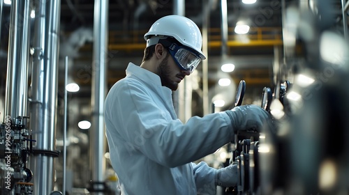 Industrial Worker Inspecting Machinery in Factory Workshop