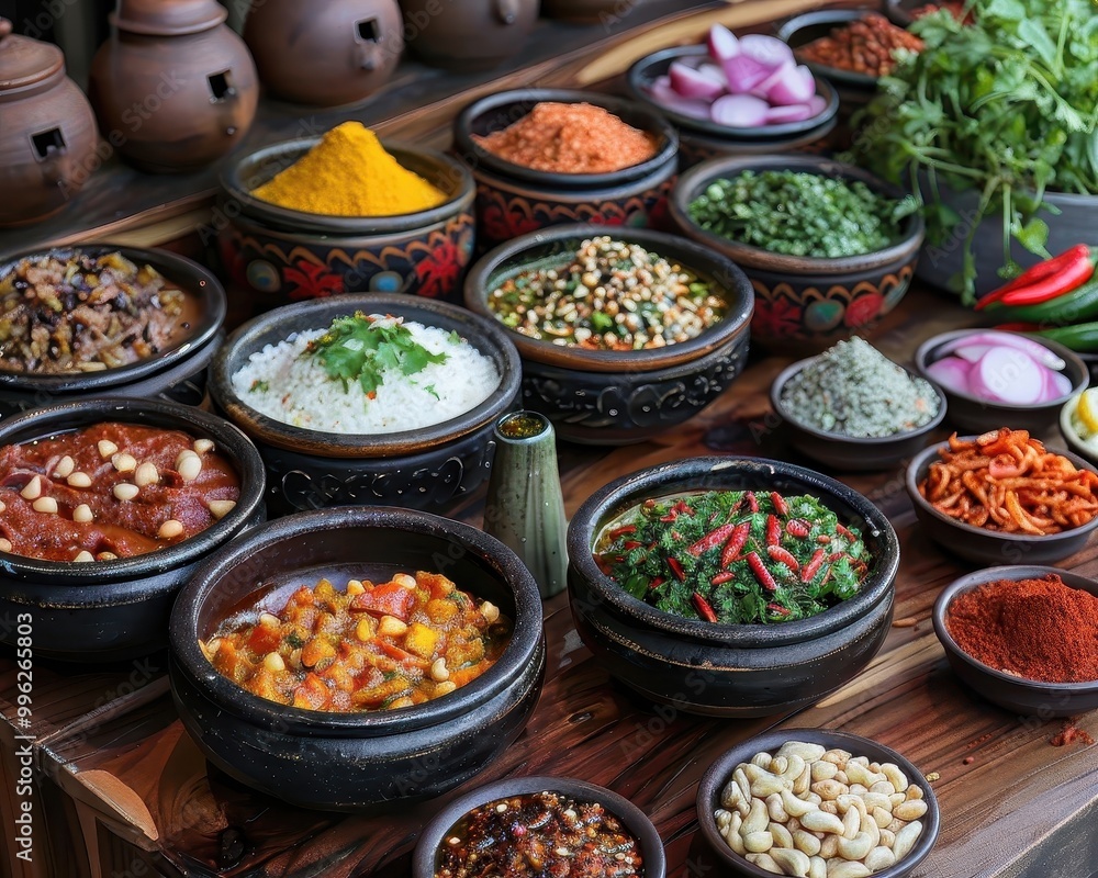 A vibrant display of various spices, herbs, and dishes arranged in bowls, showcasing colorful ingredients typical of a rich culinary culture. A vibrant display of various spices, herbs, and dishes arranged in bowls, showcasing colorful ingredients typical of a rich culinary culture.
