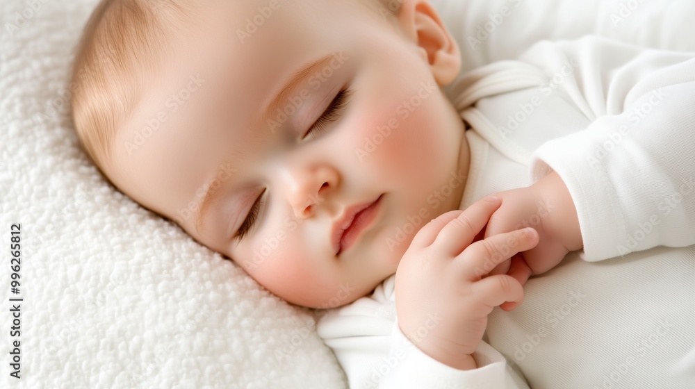 A baby is sleeping on a white pillow A baby is sleeping on a white pillow
