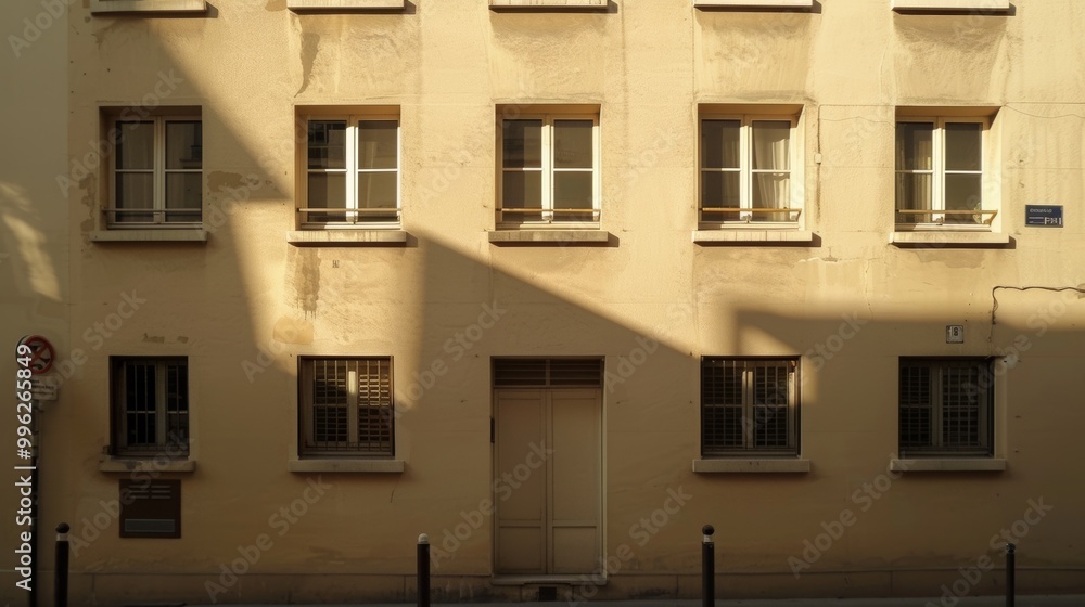 Fototapeta premium Modern Parisian architecture, minimalist facade, complete wall with windows and doors, warm sunlight, peaceful urban scene, no people around.