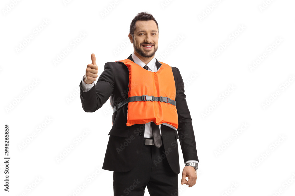 Businessman wearing a life jacket and gesturing a thumb up sign Businessman wearing a life jacket and gesturing a thumb up sign