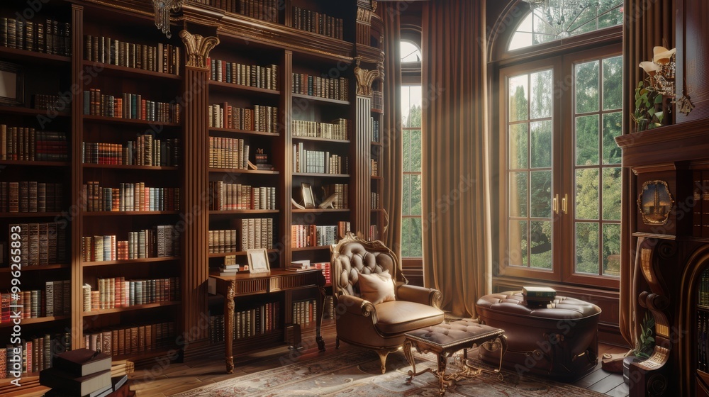 Sunlight streams into an opulent home library, filling the room with warm light and highlighting rich wood furniture and towering bookshelves. Sunlight streams into an opulent home library, filling the room with warm light and highlighting rich wood furniture and towering bookshelves.