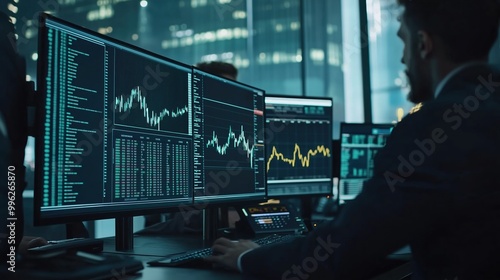 A man is sitting in front of a computer monitor with several graphs on it