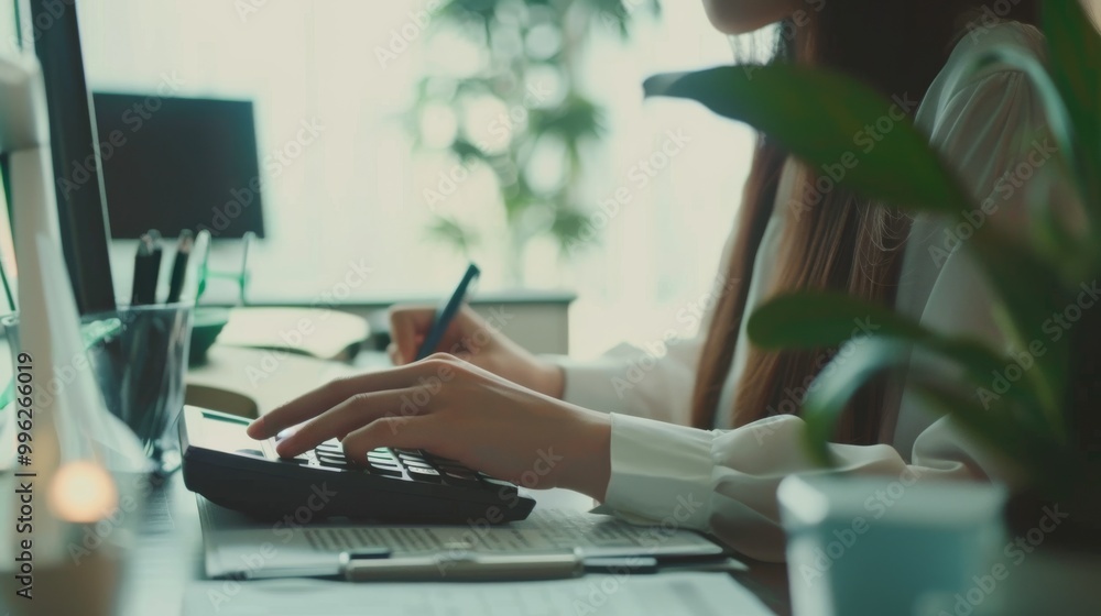 Obraz premium An office worker is engrossed in calculations, using a calculator, surrounded by office supplies and potted plants, emphasizing focus and work balance.