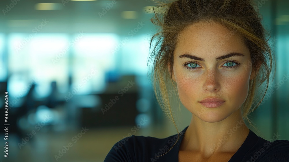 Confident Woman with Green Eyes in a Modern Office Setting