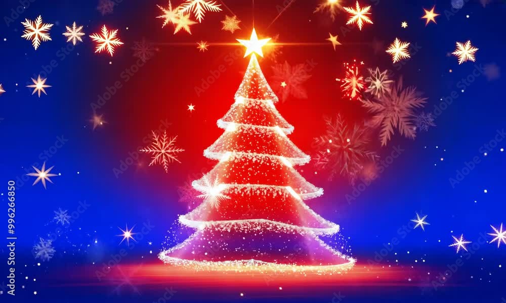 A glowing red Christmas tree surrounded by sparkling stars and snowflakes. The festive lights and decorations create a joyful, magical holiday atmosphere, for Christmas content A glowing red Christmas tree surrounded by sparkling stars and snowflakes. The festive lights and decorations create a joyful, magical holiday atmosphere, for Christmas content