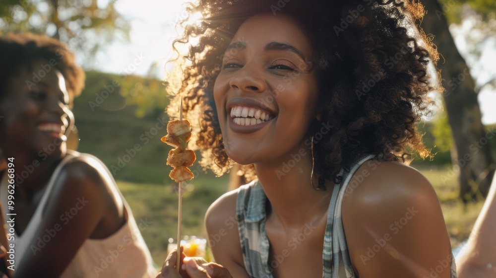 Fototapeta premium A woman enjoying an outdoor picnic on a sunny day, holding a skewer with grilled food, laughing heartily with friends against a backdrop of greenery.