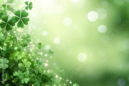 March 17, Saint Patrick's Irish Pub celebration party. An image created using digital art. This is a green shamrock clover on a sparkly green background.